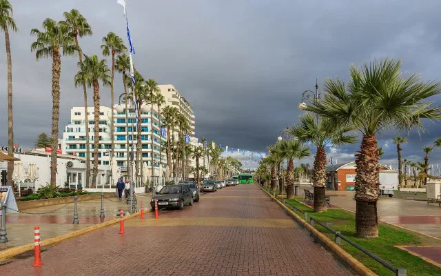 De palmenlaan van de Finikoudes-boulevard in Larnaca, met de hotelgevels erlangs